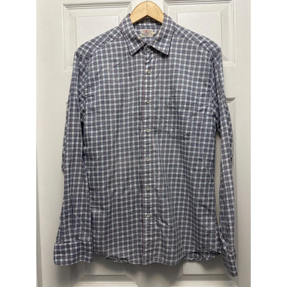 Faherty Button Down Shirt Mens Size M Blue Gingham Excellent Indigo Cotton